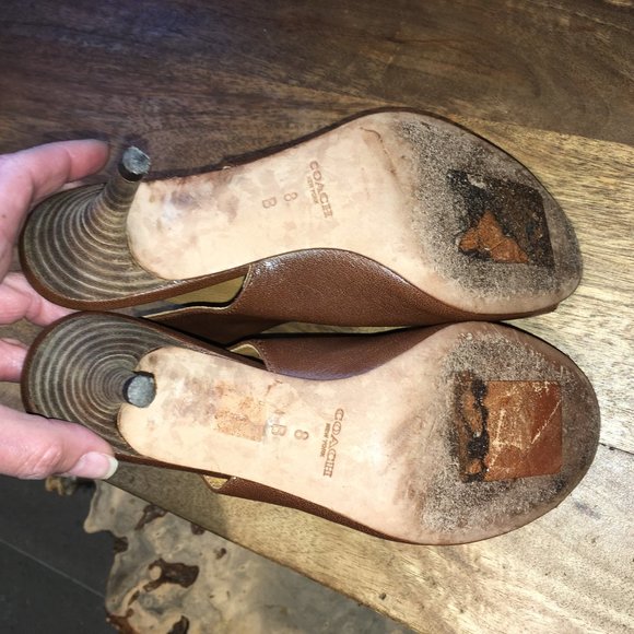 Coach "Milah" Open-Toe Slingback Kitten Heel Brown Leather Ankle Boots - Picture 2 of 11